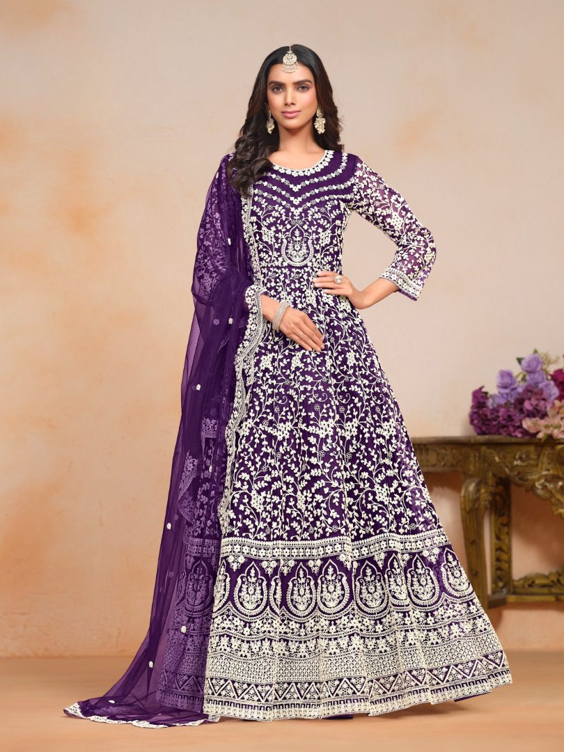 Purple Embroidered Net Semi Stitched Anarkali Suit ©