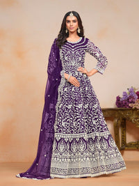 Purple Embroidered Net Semi Stitched Anarkali Suit ©