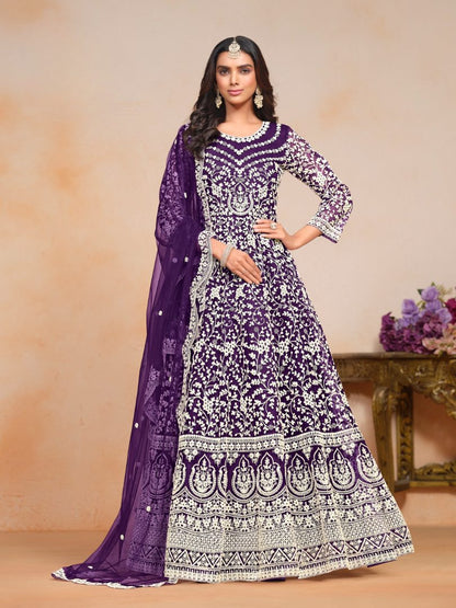 Purple Embroidered Net Semi Stitched Anarkali Suit ©