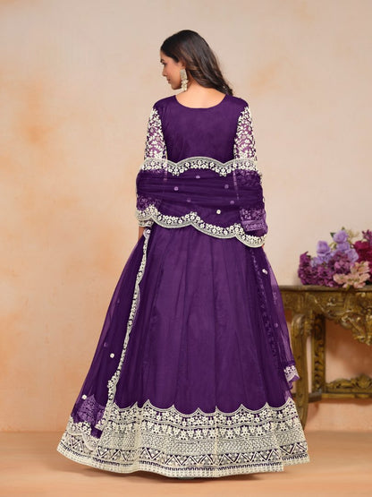 Purple Embroidered Net Semi Stitched Anarkali Suit ©