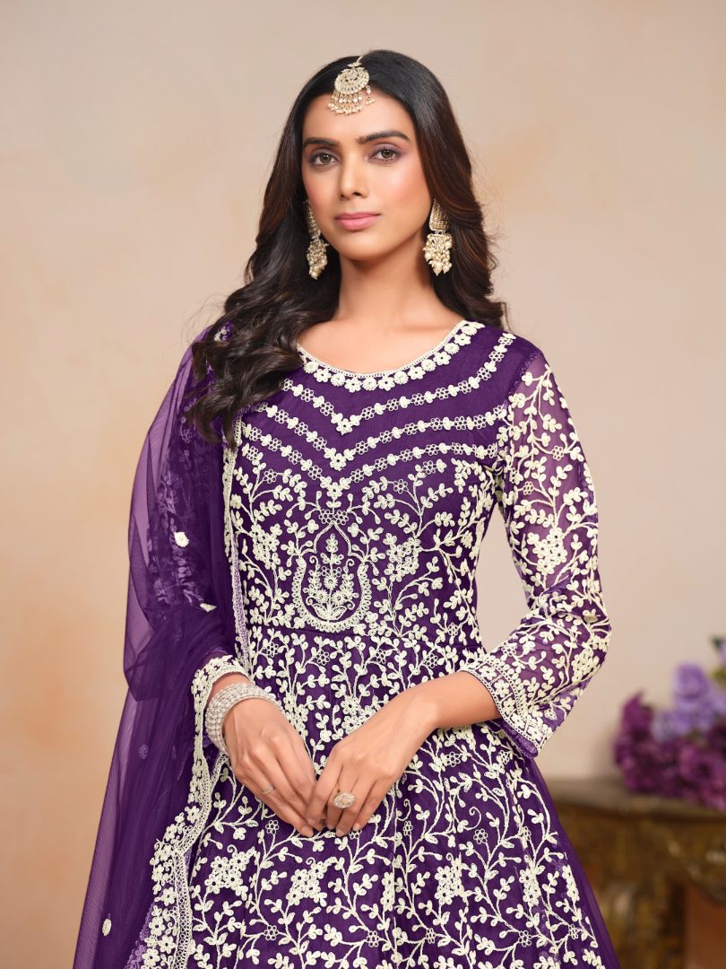 Purple Embroidered Net Semi Stitched Anarkali Suit ©