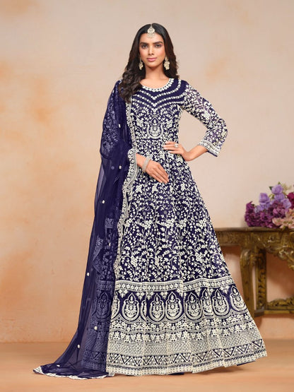 Navy_blue Embroidered Net Semi Stitched Anarkali Suit
