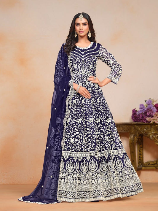 Navy_blue Embroidered Net Semi Stitched Anarkali Suit
