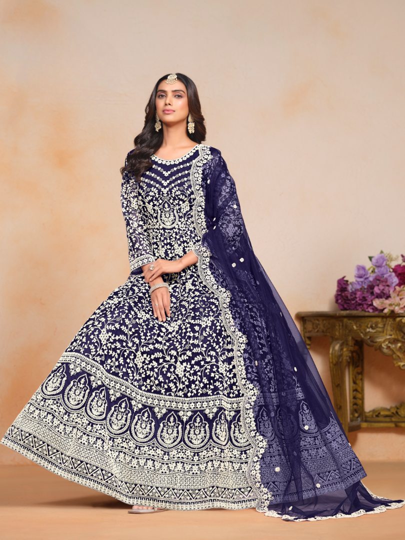 Navy_blue Embroidered Net Semi Stitched Anarkali Suit