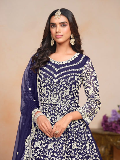 Navy_blue Embroidered Net Semi Stitched Anarkali Suit
