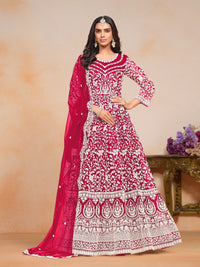 Magenta Embroidered Net Semi Stitched Anarkali Suit