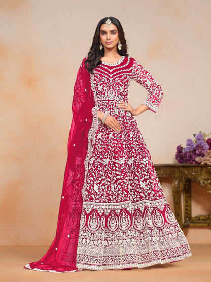 Magenta Embroidered Net Semi Stitched Anarkali Suit