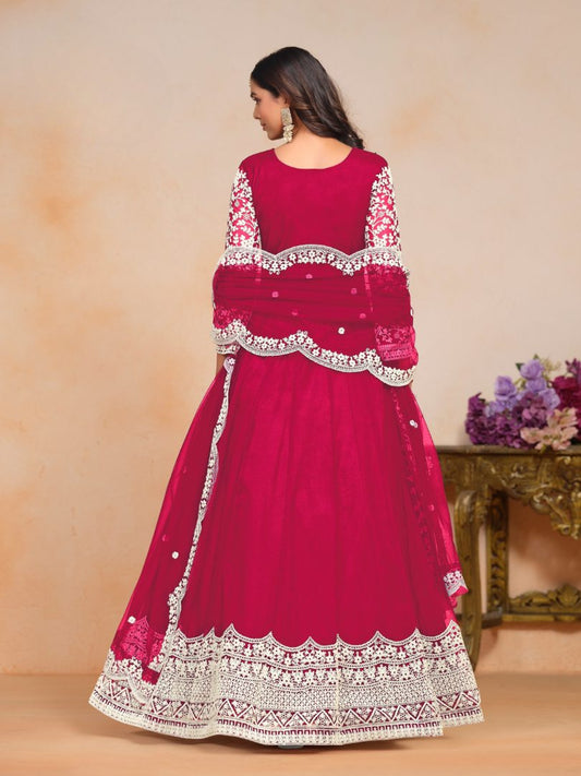 Magenta Embroidered Net Semi Stitched Anarkali Suit