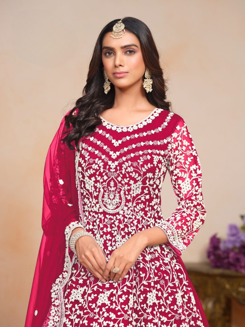 Magenta Embroidered Net Semi Stitched Anarkali Suit