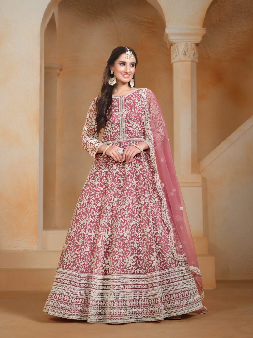 Pink Embroidered Net Semi Stitched Anarkali Suit 01