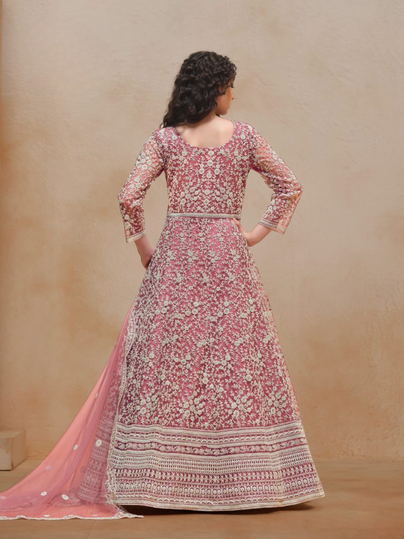 Pink Embroidered Net Semi Stitched Anarkali Suit 01