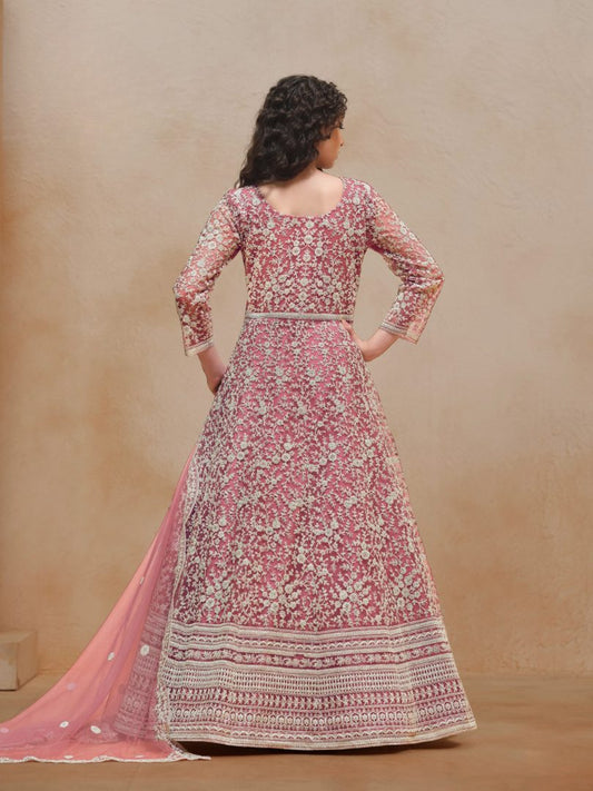 Pink Embroidered Net Semi Stitched Anarkali Suit 20501