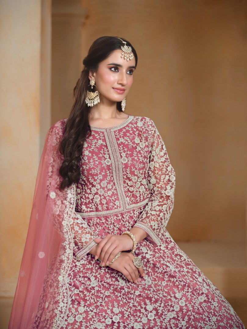 Pink Embroidered Net Semi Stitched Anarkali Suit 01