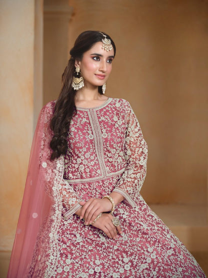 Pink Embroidered Net Semi Stitched Anarkali Suit 01