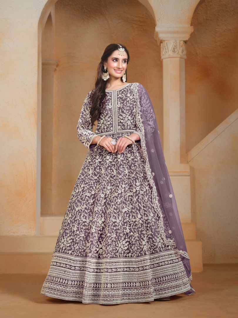 Lavender Embroidered Net Semi Stitched Anarkali Suit 2