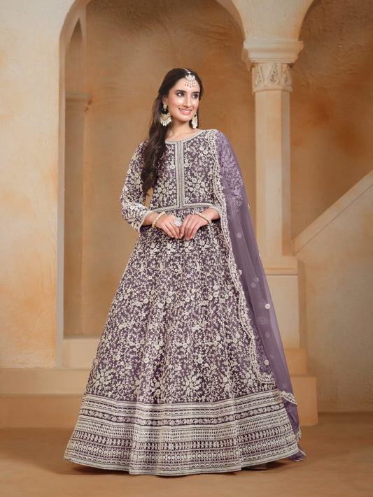 Lavender Embroidered Net Semi Stitched Anarkali Suit 20502