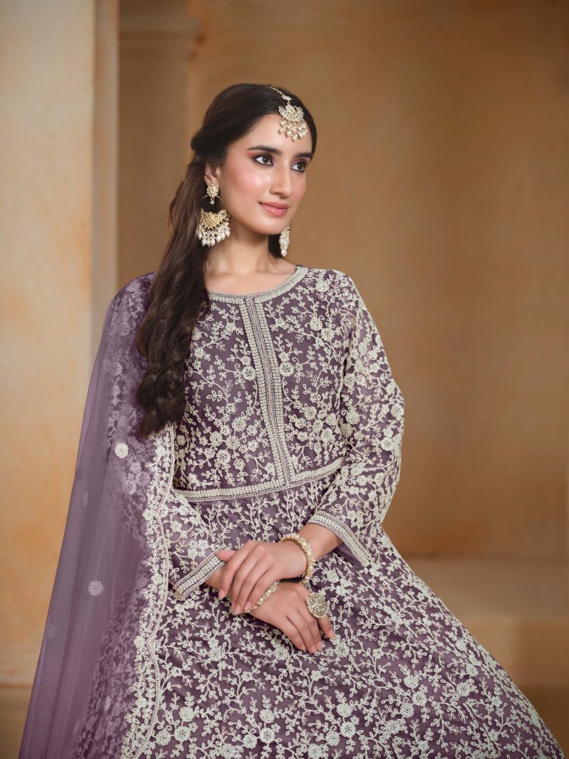 Lavender Embroidered Net Semi Stitched Anarkali Suit 2