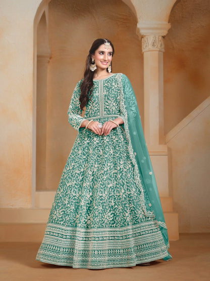 Sea Green Embroidered Net Semi Stitched Anarkali Suit