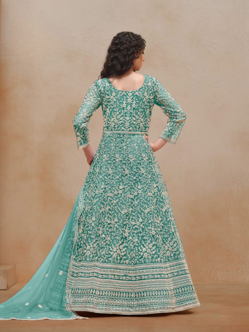 Sea Green Embroidered Net Semi Stitched Anarkali Suit