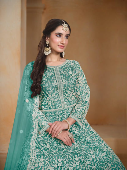 Sea Green Embroidered Net Semi Stitched Anarkali Suit