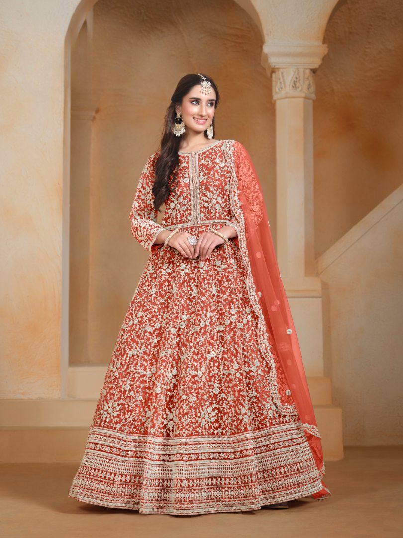 Orange Embroidered Net Semi Stitched Anarkali Suit 04
