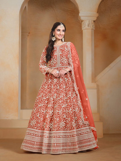 Orange Embroidered Net Semi Stitched Anarkali Suit 04