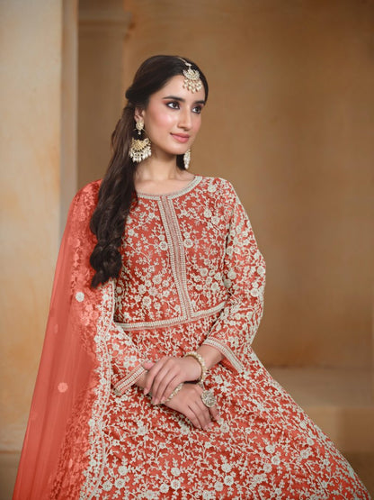 Orange Embroidered Net Semi Stitched Anarkali Suit 04