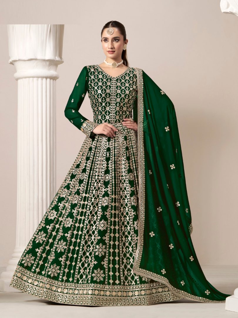 Green Embroidered Faux Georgette Semi Stitched Anarkali Suit 1