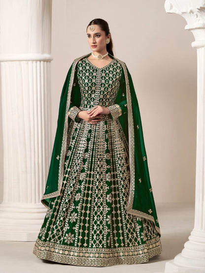 Green Embroidered Faux Georgette Semi Stitched Anarkali Suit 1