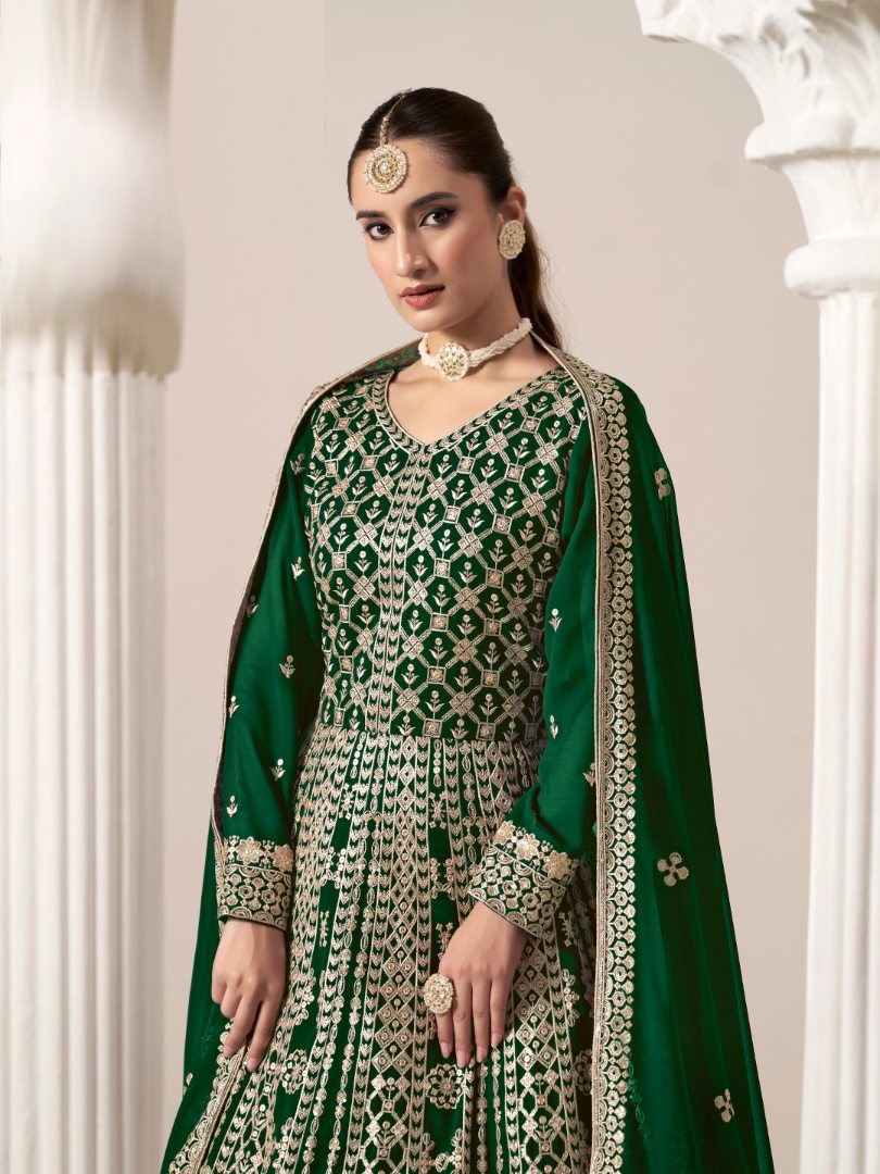 Green Embroidered Faux Georgette Semi Stitched Anarkali Suit 1