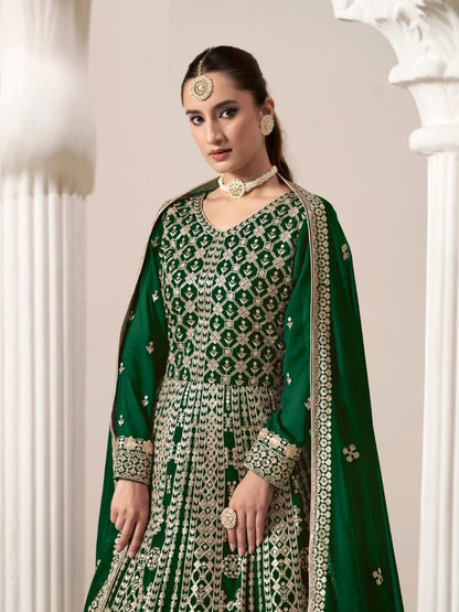 Green Embroidered Faux Georgette Semi Stitched Anarkali Suit 1