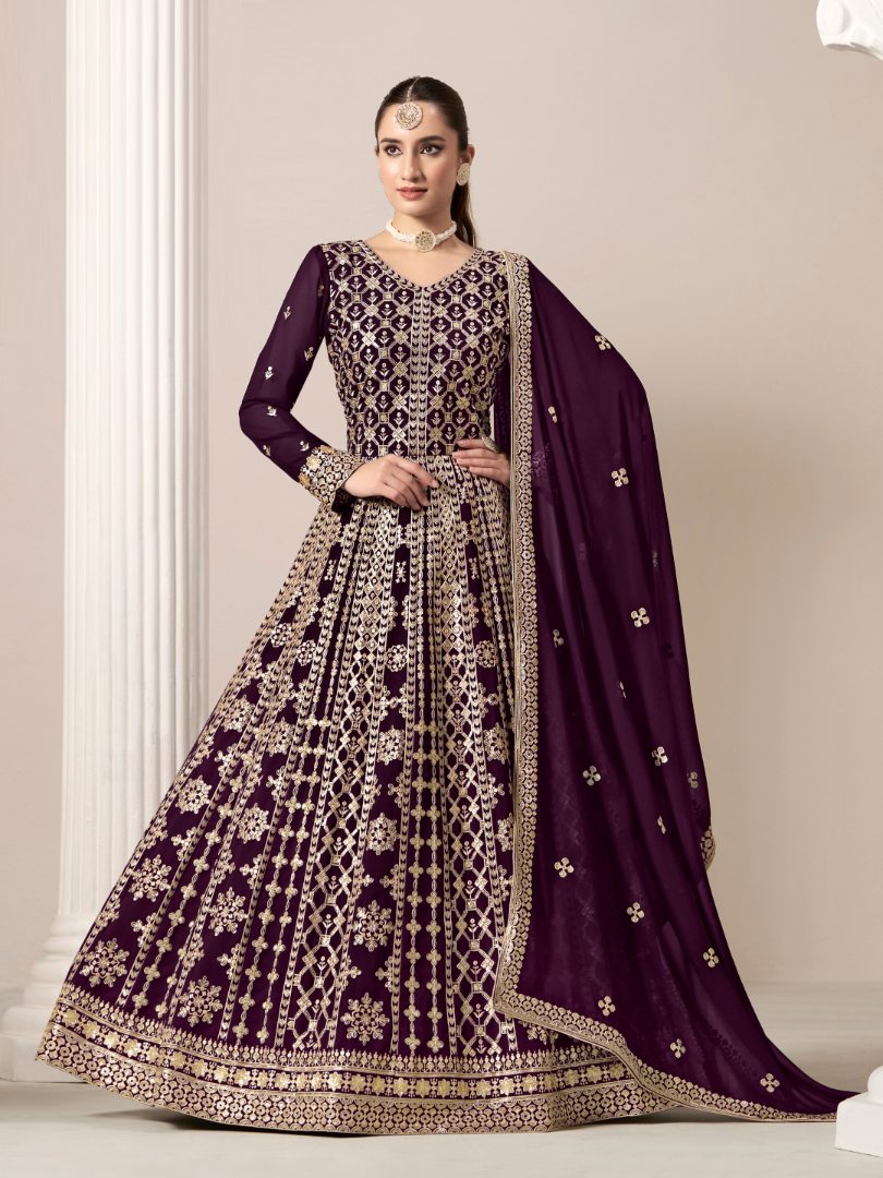 Purple Embroidered Faux Georgette Semi Stitched Anarkali Suit 2