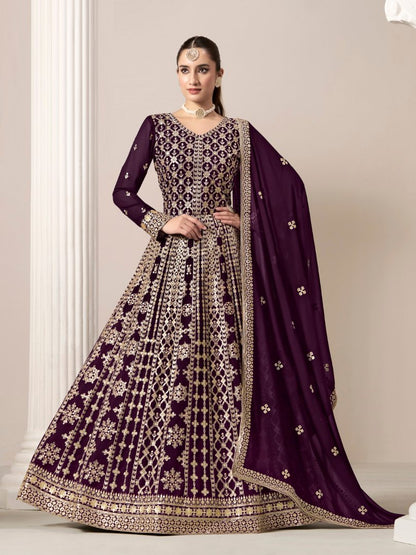 Purple Embroidered Faux Georgette Semi Stitched Anarkali Suit 2