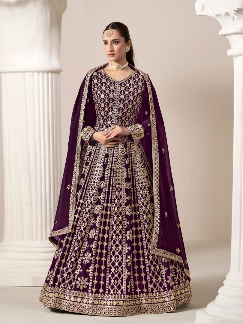 Purple Embroidered Faux Georgette Semi Stitched Anarkali Suit 2
