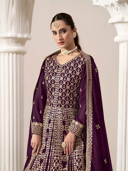 Purple Embroidered Faux Georgette Semi Stitched Anarkali Suit 2