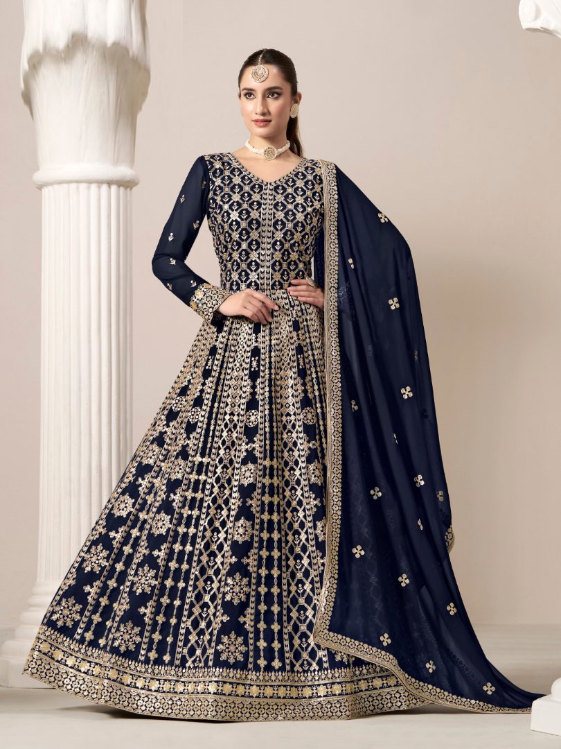 Navy Blue Embroidered Faux Georgette Semi Stitched Anarkali Suit A