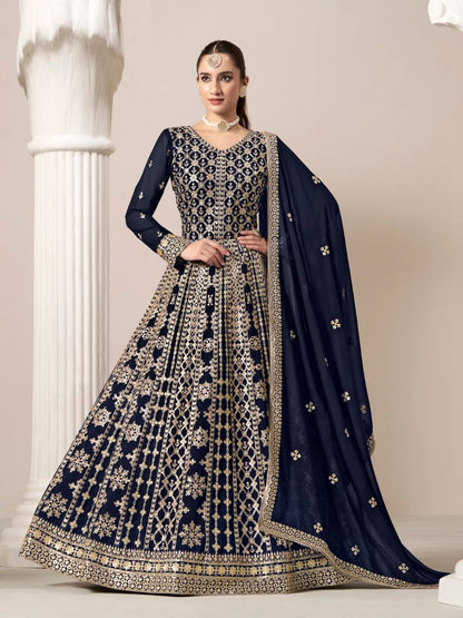 Navy Blue Embroidered Faux Georgette Semi Stitched Anarkali Suit A