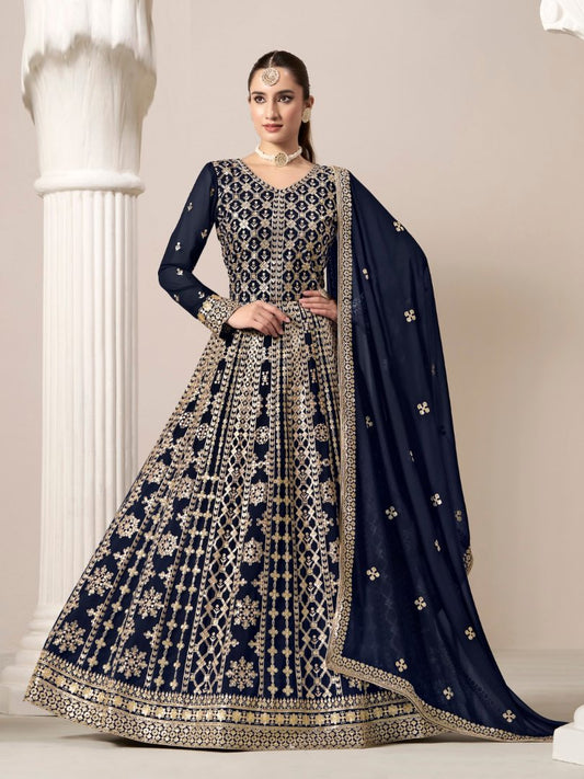 Navy Blue Embroidered Faux Georgette Semi Stitched Anarkali Suit 20603