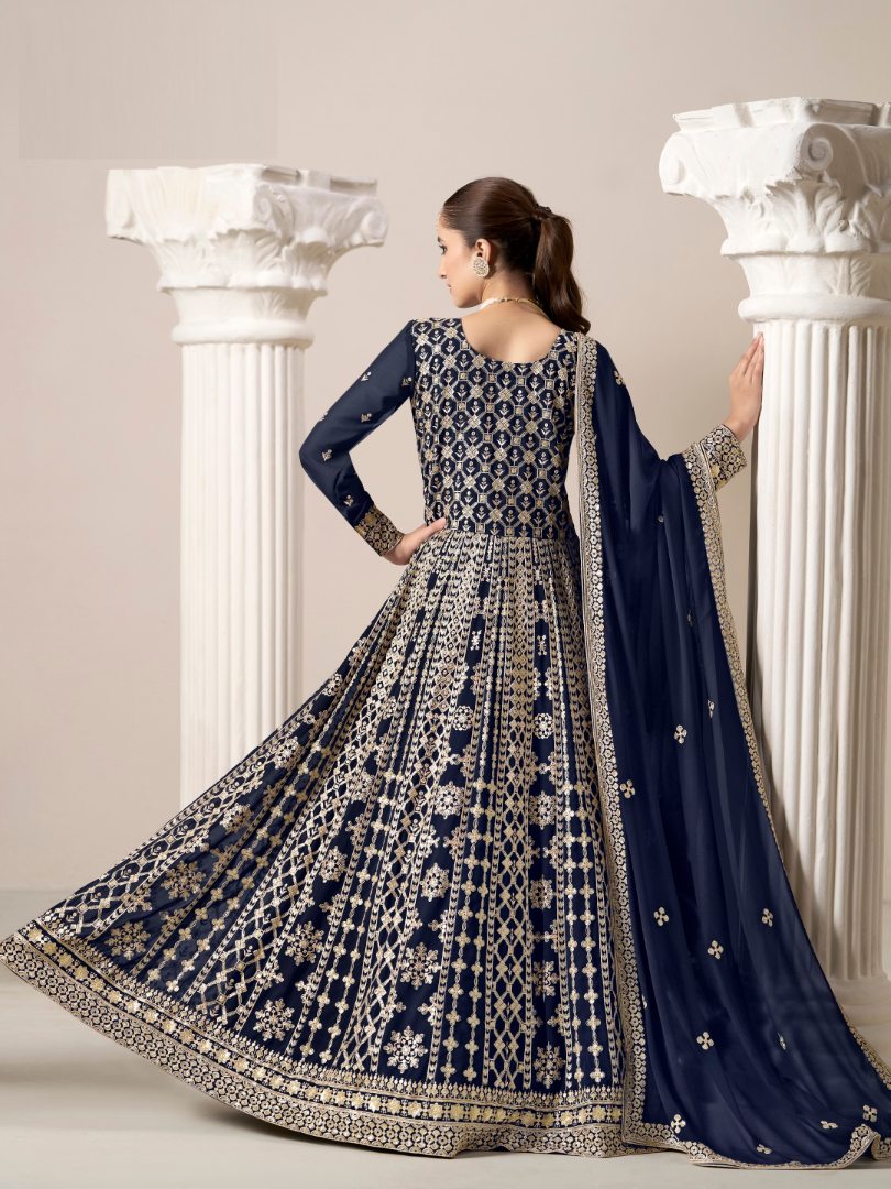 Navy Blue Embroidered Faux Georgette Semi Stitched Anarkali Suit A