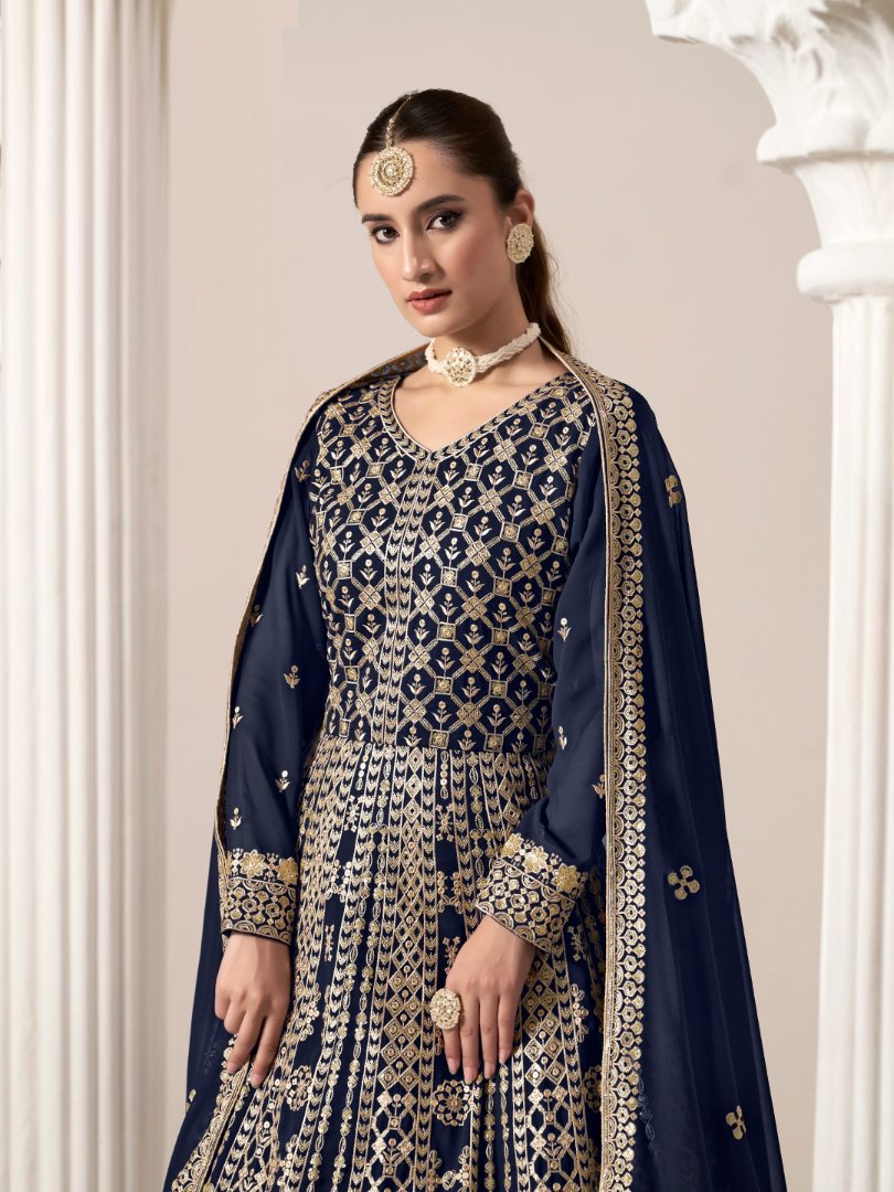Navy Blue Embroidered Faux Georgette Semi Stitched Anarkali Suit A