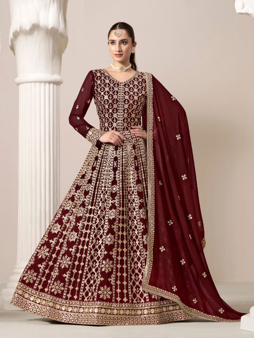 Maroon Embroidered Faux Georgette Semi Stitched Anarkali Suit B