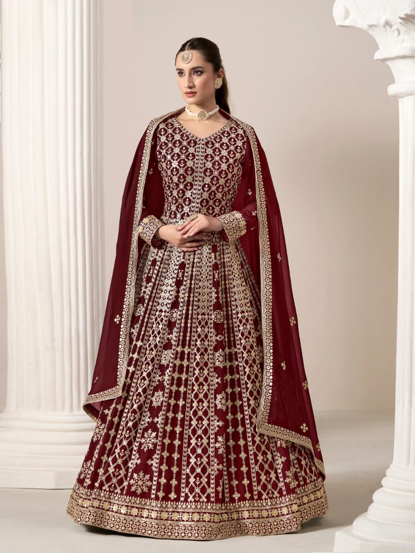 Maroon Embroidered Faux Georgette Semi Stitched Anarkali Suit B