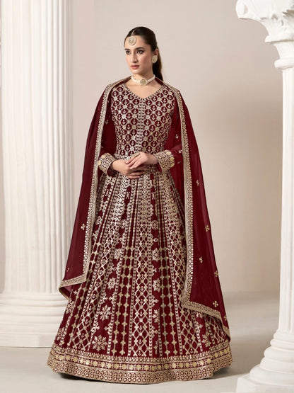 Maroon Embroidered Faux Georgette Semi Stitched Anarkali Suit B