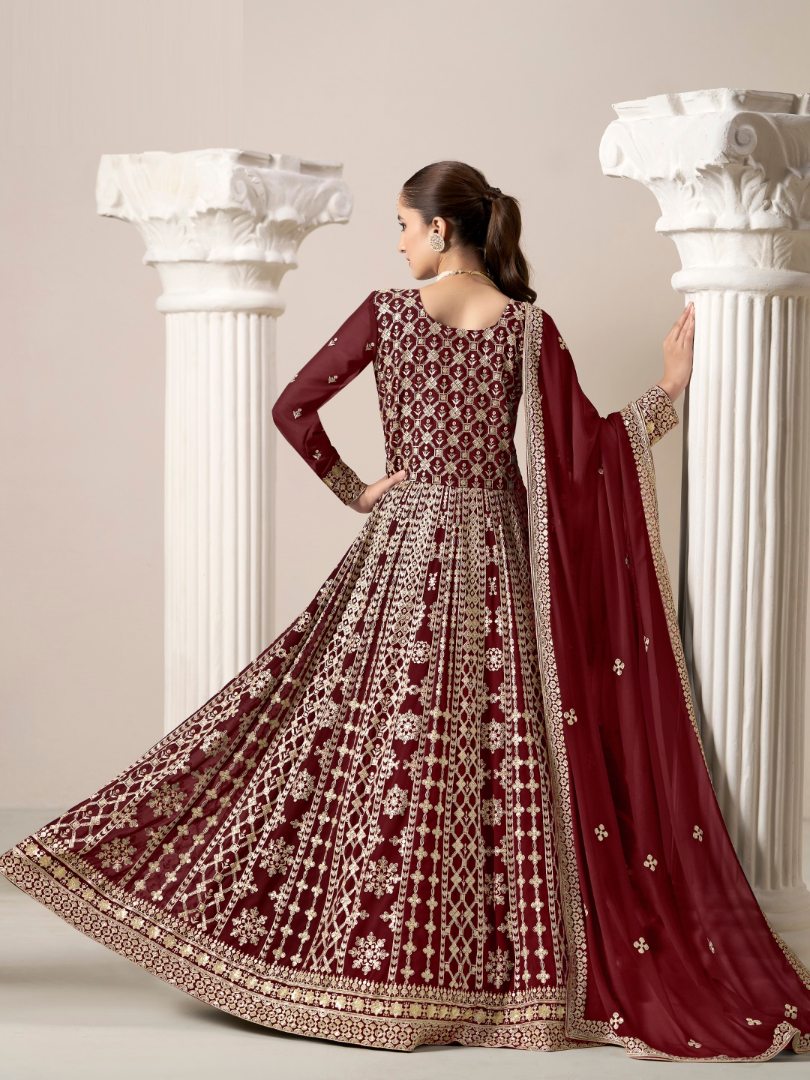 Maroon Embroidered Faux Georgette Semi Stitched Anarkali Suit B