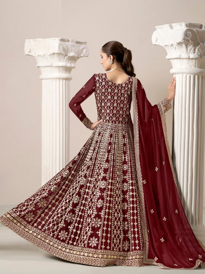 Maroon Embroidered Faux Georgette Semi Stitched Anarkali Suit B