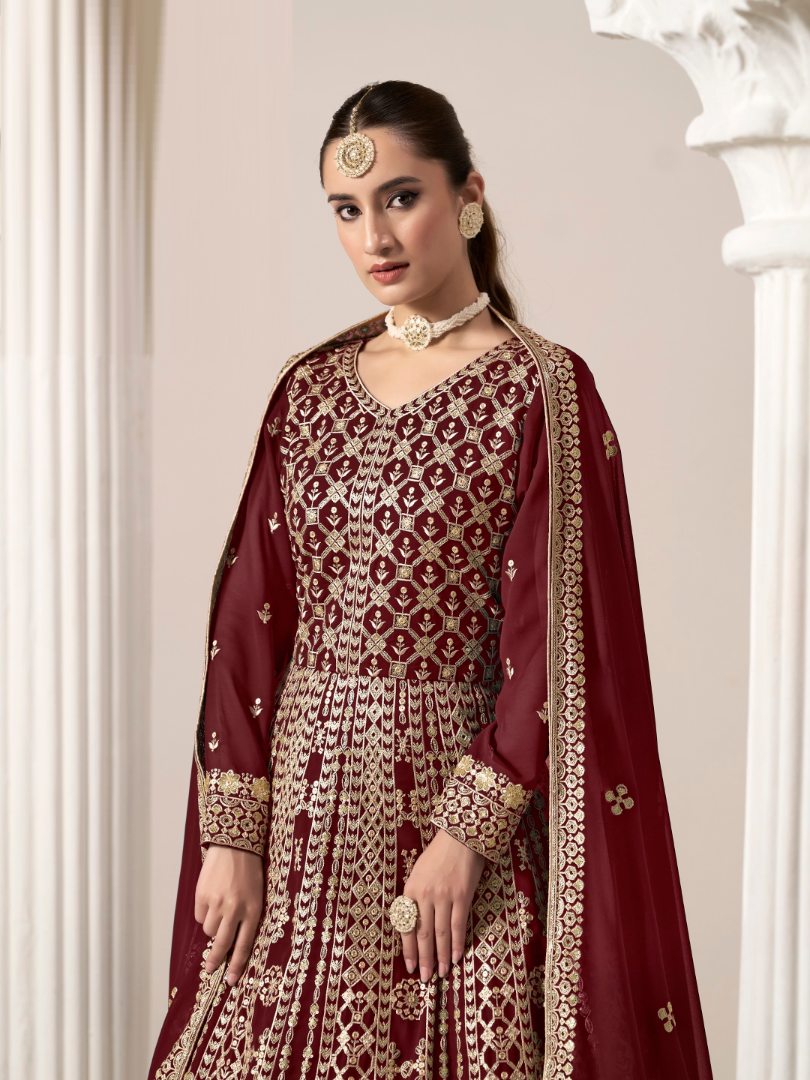 Maroon Embroidered Faux Georgette Semi Stitched Anarkali Suit B