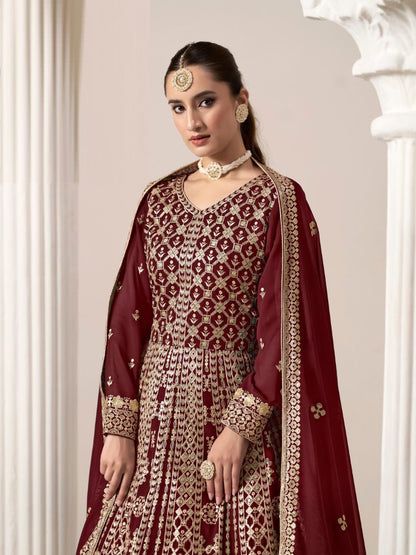 Maroon Embroidered Faux Georgette Semi Stitched Anarkali Suit B