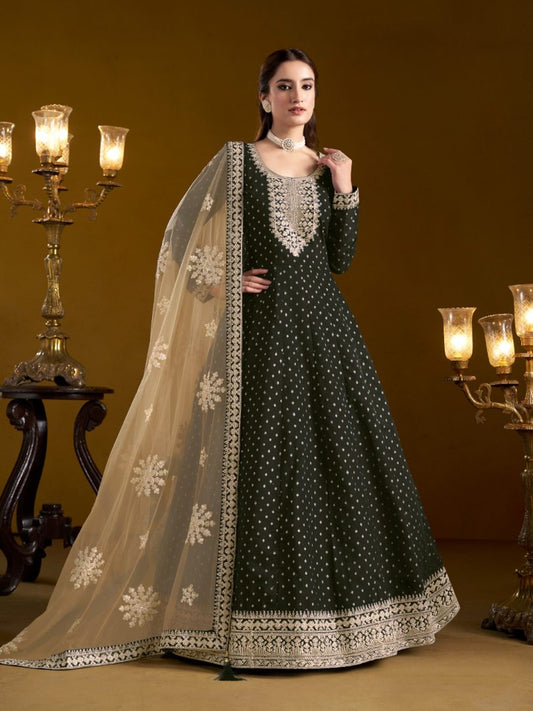 Black Embroidered Jacquard Chanderi Semi Stitched Anarkali Suit