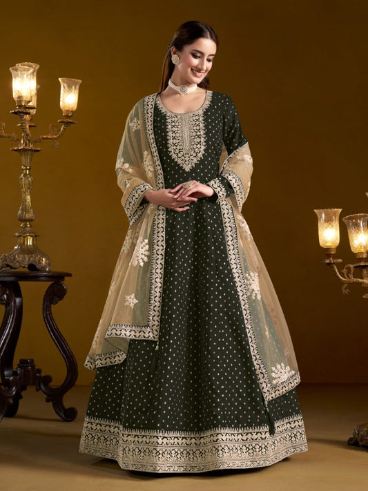 Black Embroidered Jacquard Chanderi Semi Stitched Anarkali Suit