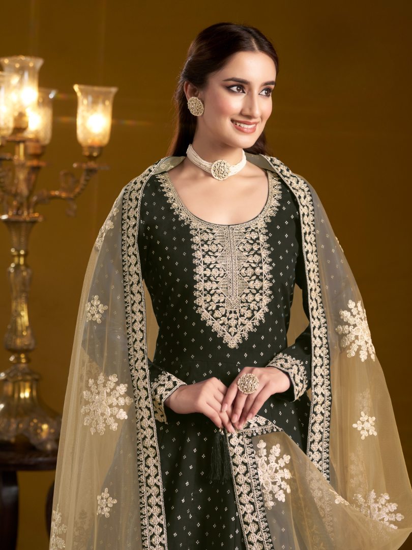 Black Embroidered Jacquard Chanderi Semi Stitched Anarkali Suit